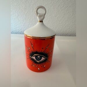 Whimsical Goth Evil Eye small Ceramic Jar Orange White Gold Eclectic Decor